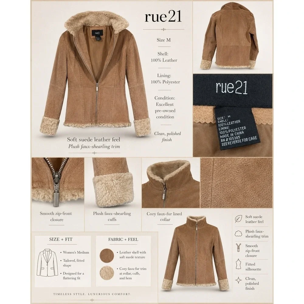 Womens Medium Genuine Leather Suede Jacket Y2K Shearling Penny Lane Funnel Neck
